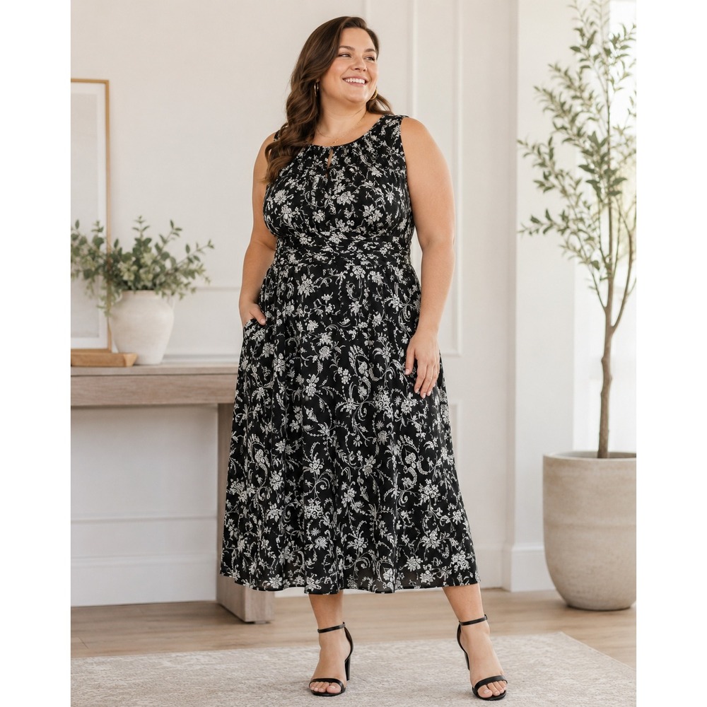 402. Studio 1940 Black White Floral Damask Pleated Midi Dress Plus Size 18W